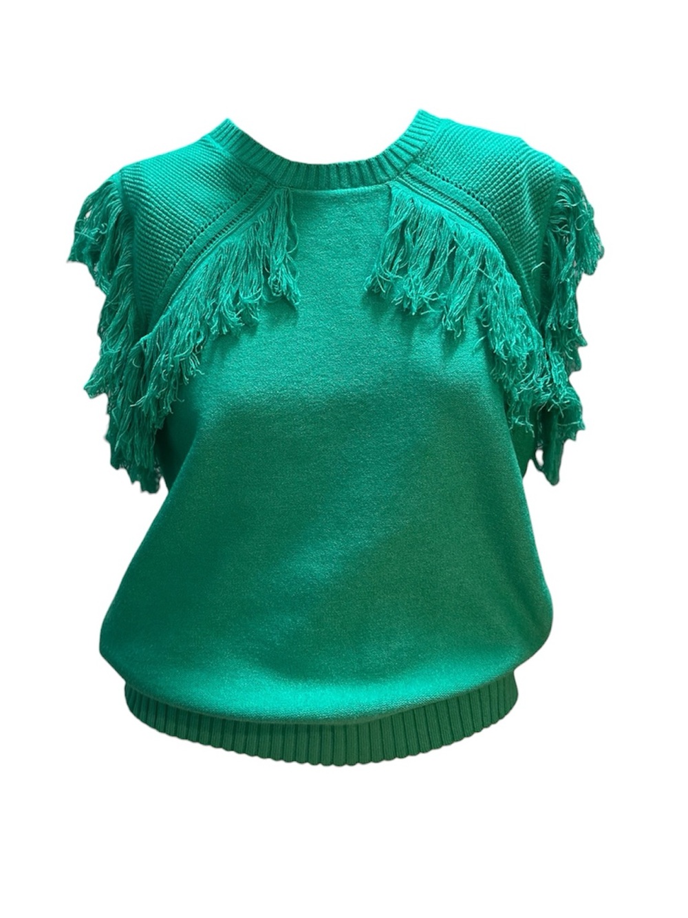 Fringe-Trim Crewneck Sweater in Emerald Green